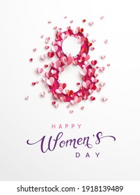 Women's Day greeting card or banner with pink cut eight number and flying paper hearts. Vector 8 March international holiday poster template