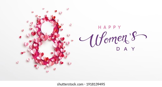 Women's Day greeting card or banner with pink cut eight number and flying paper hearts. Vector 8 March international holiday poster template