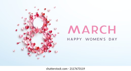 Tarjeta de saludo o pancarta del Día de la Mujer con color rosado recorta ocho números y el corazón del papel volador. Plantilla de póster de feriado internacional del vector 8 de marzo