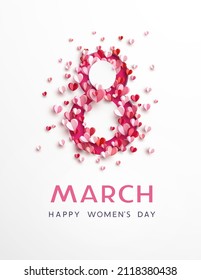 Tarjeta de saludo o pancarta del Día de la Mujer con color rosado recorta ocho números y el corazón del papel volador. Plantilla de póster de feriado internacional del vector 8 de marzo