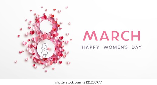 Women's Day greeting card or banner with pink cut eight number and flying paper hearts. Vector 8 March international holiday poster template
