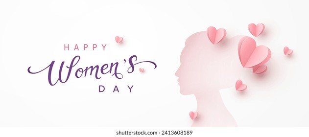 Women's Day greeting card or banner with woman face and pink flying paper hearts. Vector 8 March international holiday poster template