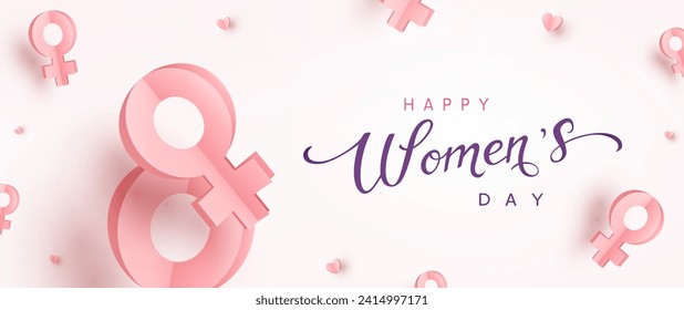 Women's Day greeting card or banner with woman 3d pink flying paper female symbols. Vector 8 March international holiday poster template