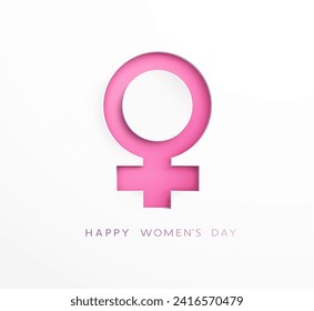 Women's Day greeting card or banner with woman 3d pink cutout paper female symbol. Vector 8 March international holiday poster template 