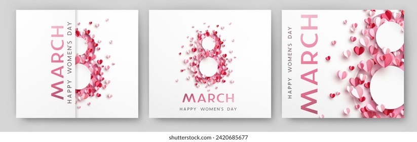 Tarjeta de saludo o banner del Día de la Mujer con el color rosado recortó ocho números y voló el corazón del papel. Vector 8 de marzo plantillas de vacaciones internacionales para afiches, portadas, etiquetas, ventas
