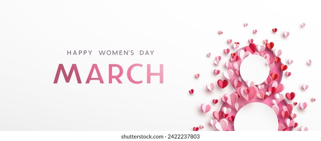 Women's Day greeting card or banner with pink cut eight number and flying paper hearts. Vector 8 March international holiday template for poster, cover, label, sales