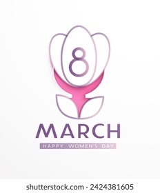 Women's Day greeting card or banner with pink paper flower. Vector 8 March international holiday template for poster, cover