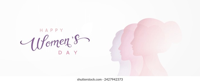 Women's Day greeting card or banner with woman faces. Vector 8 March international holiday template for poster, cover