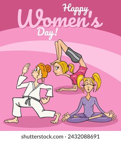 Women's Day greeting card or banner design with funny cartoon woman characters