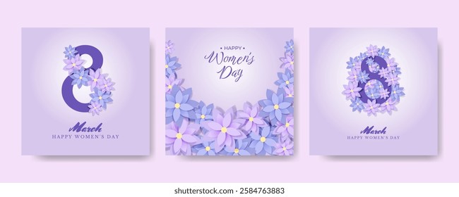 Women's Day Greeting Card or Banner set with Purple and Pink Paper cut Flowers and Eight Number. 8 March International Holiday Templates for Poster, Cover, Label, Sales. Vector Posterswith Modern Font