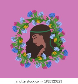 Women's Day greeting card. Beautiful girl in the flowers in the profile. Spring holiday feminist poster with flowers. Portrait of a woman on March 8. Vector illustration