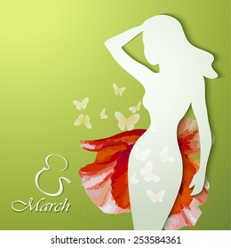 Women's Day Greeting Card. Beautiful young woman with flowers