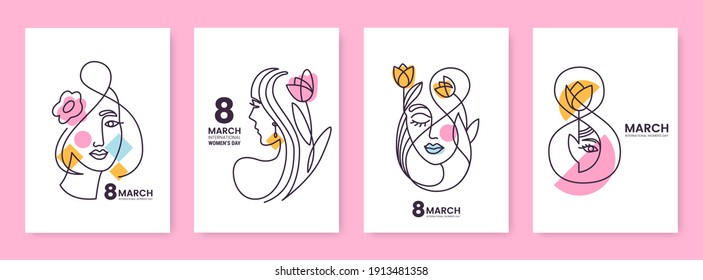 Women's Day greeting card collection in line art style. Linear silhouettes of beautiful women with flowers and decorative elements isolated on white. Ideal for postcard, promo, beauty salon.