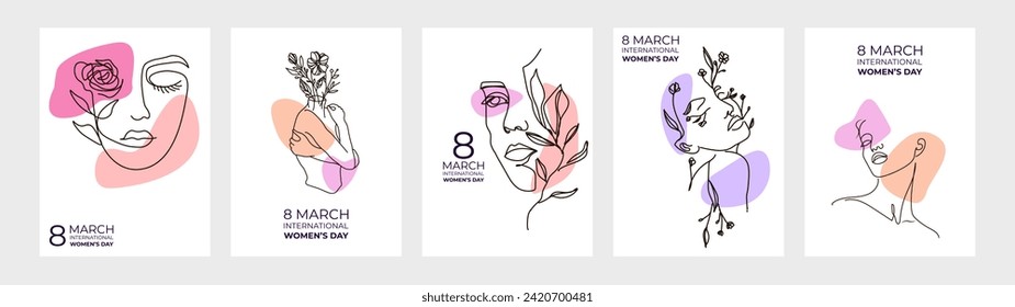 Women's Day greeting card collection in line art style. Modern abstract line minimalistic women faces arts set with different shapes for wall decoration, postcard or brochure cover design