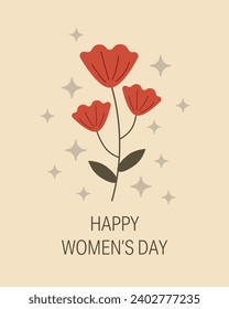 Women's day greeting card Congratulations on March 8th Red flower on a beige background