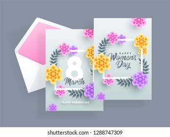 Women's Day greeting card design decorated with paper flowers on gray background.