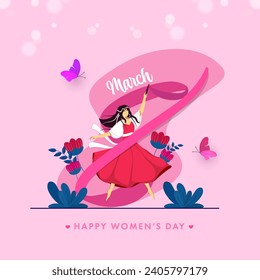 Womens Day Greeting Card Design with Illustration of a Young Cheerful Girl and Colorful Flowers and Butterflies. 