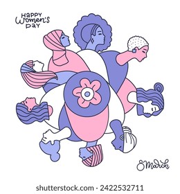 Diseño de tarjetas de felicitación para el día de la mujer. Concepto del 8 de marzo con diferentes mujeres en composición rotatoria redonda. Ilustración vectorial de estilo simple de doodle lineal.