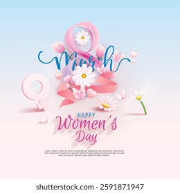 Women's Day greeting card design featuring a ribbon-styled number 8, daisies, tulips, and pink butterflies. Elegant typography stands out against a soft gradient background, creating a delicate and so