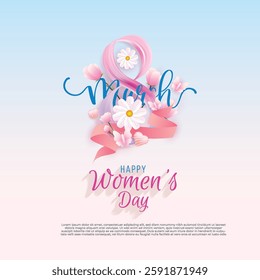 Women's Day greeting card design featuring a ribbon-styled number 8, daisies, tulips, and pink butterflies. Elegant typography stands out against a soft gradient background, creating a delicate and so