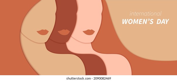 Women's day greeting card with different women. Diverse woman silhouette, paper cut style. 8 March holiday banner, flyer, poster design. 