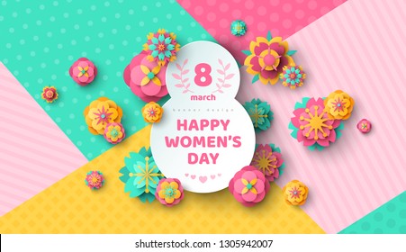 Womens Day greeting card with eight shaped frame and paper cut flowers on colorful modern geometric background. Vector illustration. Place for your text. March 8 holiday.