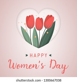 Women's Day greeting card with flowers in heart frame. Flat design template. Can be used as invitation or banner