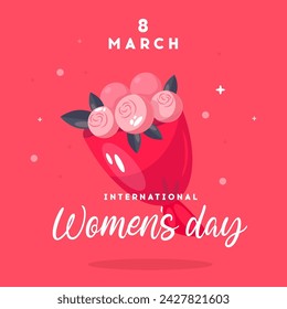 Womens day greeting card with flowers on red background. 8 march invitation 