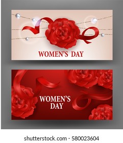 Women's Day greeting card  with garland, ribbons and red carnation. Vector illustration