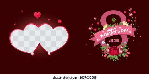 Women's Day greeting card with hearts frame and paper cut flowers on colorful background. Vector illustration. Place for your text.
