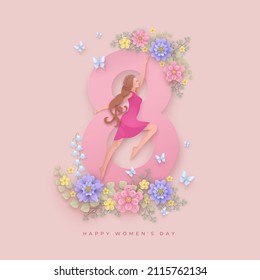 Women's Day greeting card with layered flowers, woman, date 8. Lily of the valley, cherry blossom, plants and butterflies in paper cut style on a pink backdrop