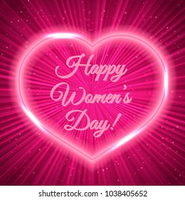 Women's Day greeting card with neon heart on bright magenta background. Retro pop art style vector illustration. Easy to edit design template for your artworks.