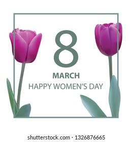 Women's day greeting card on white background, text with purple tulip flowers-mesh vector illustration.