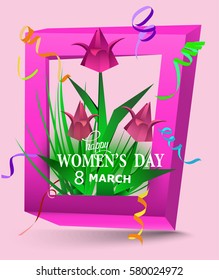 Women's Day greeting card  with paper frame, tulips and confetti. Vector illustration