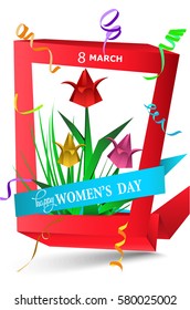 Women's Day greeting card  with paper red frame, tulips and confetti. Vector illustration