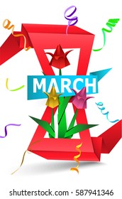 Women's Day greeting card  with paper red eight, tulips and confetti. Vector illustration
