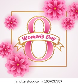 Women's Day greeting card with pink paper flowers. Vector illustration for 8th of March. 