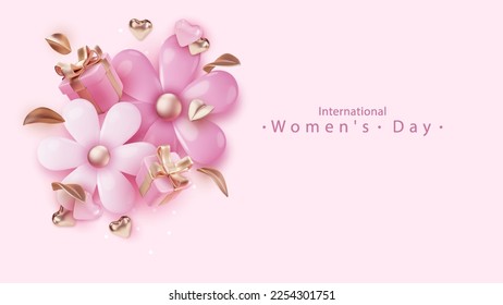 Women's day greeting card with realistic Composition of spring pink flowers. 8 March banner