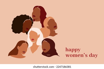 Women's day greeting card with six women of different ethnicities. Silhouettes of Strong and brave girls stand side by side together. Sisterhood and females friendship.Vertical Vector illustration