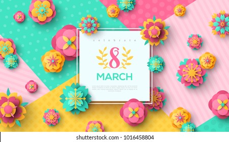 Women's Day greeting card with square frame and paper cut flowers on colorful modern geometric background. Vector illustration. Place for your text.