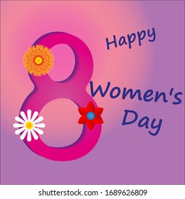 Women's day greeting card with square frame and paper cut flowers on colorful modern geometric background. Postcard March 8. Text with flowers. Vector illustration
