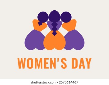 Womens Day greeting card with Three women sit side by side and take care of each other. Back view of female silhouttes for 8 march. Sisterhood and community for girls. Vector illustration 