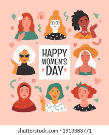 Women's Day greeting card. Vector illustration of diverse multi ethnic cartoon women portraits in modern flat style. Isolated on light pink background with abstract elements 