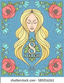 Women's Day greeting card. Vector illustration with young beautiful woman and decorative frame of flowers. Isolated on blue background.

