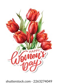 Women's day greeting card Watercolor red pink tulip illustration Women's day greeting card