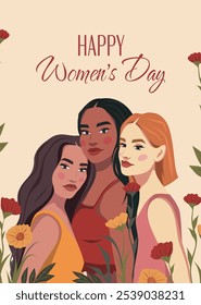 Women's day greeting card. Women girls of different nationalities and skin colors stand together. Movements for gender equality and women's empowerment. Vector banner