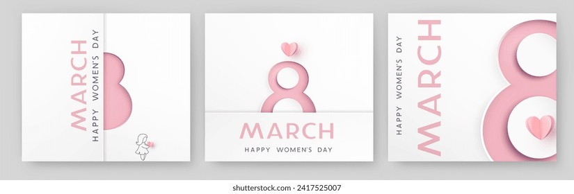 Women's Day greeting cards or banners set with woman 3d pink cut out paper elements. Vector 8 March international holiday poster templates