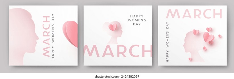 Women's Day greeting cards or banners set with heart 3d pink cut out paper elements. Vector 8 March international holiday poster templates	