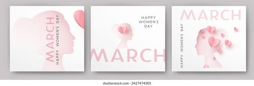 Women's Day greeting cards or banners set with heart 3d pink cut out paper elements. Vector 8 March international holiday poster templates	