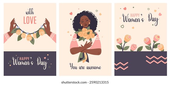 Womens Day greeting cards. Black woman holding rose. African American girl with flowers. Bouquet of roses in vase. Modern posters for spring holiday. Vector cartoon flat  illustration